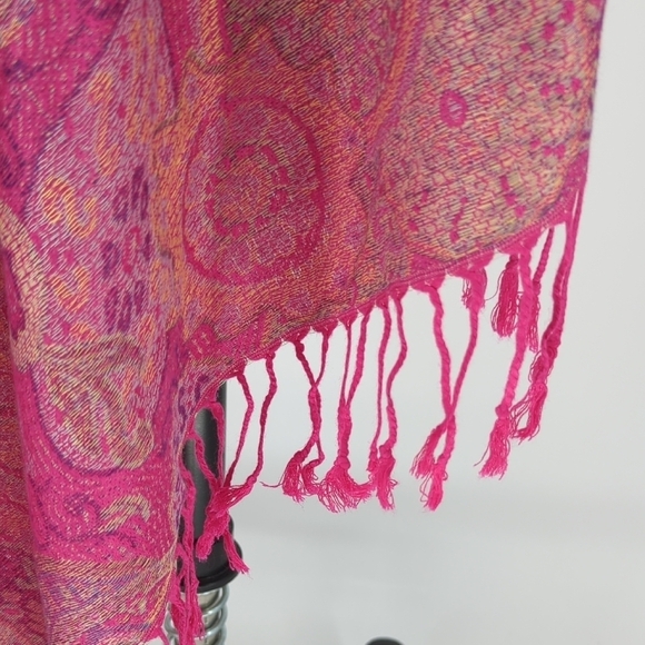 Women's 100% Cashmere Floral Paisley Rectangular Scarf Pink fringe fall spring - Picture 4 of 5